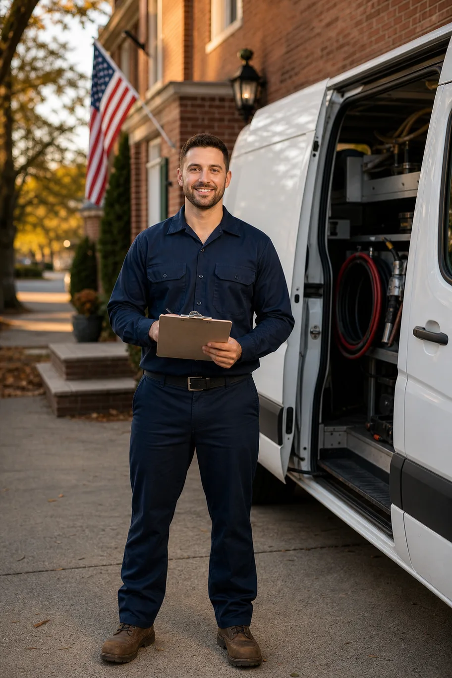 A Feistritzer service technician with his van outside a Danville brick home